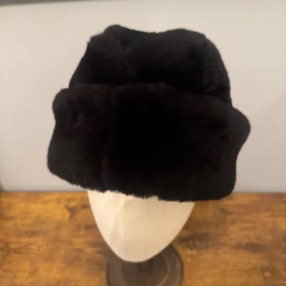 Brooks Brothers Black Mouton Lamb Fur Storm Hat Visor USA Made Large